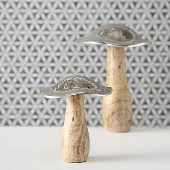 (Set of x2) Mango Wood & Hammered Metal Mushroom Cottagecore Artisan Decor - Picture 3 of 7